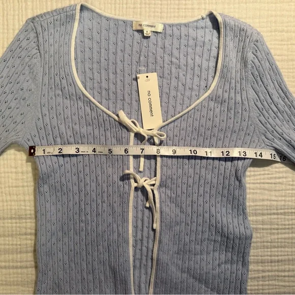NWT No Comment Baby Blue Babydoll Cropped Tie Front Eyelet Cardigan Size Medium - Picture 6 of 7